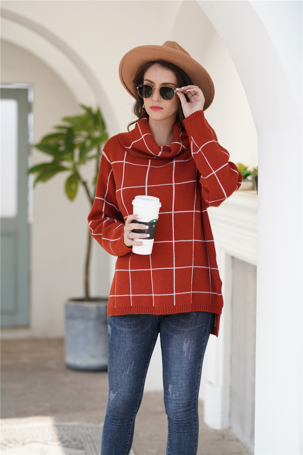 Autumn Winter Turtleneck Pullover Loose Office Office Sweater Plaid Sweater Women