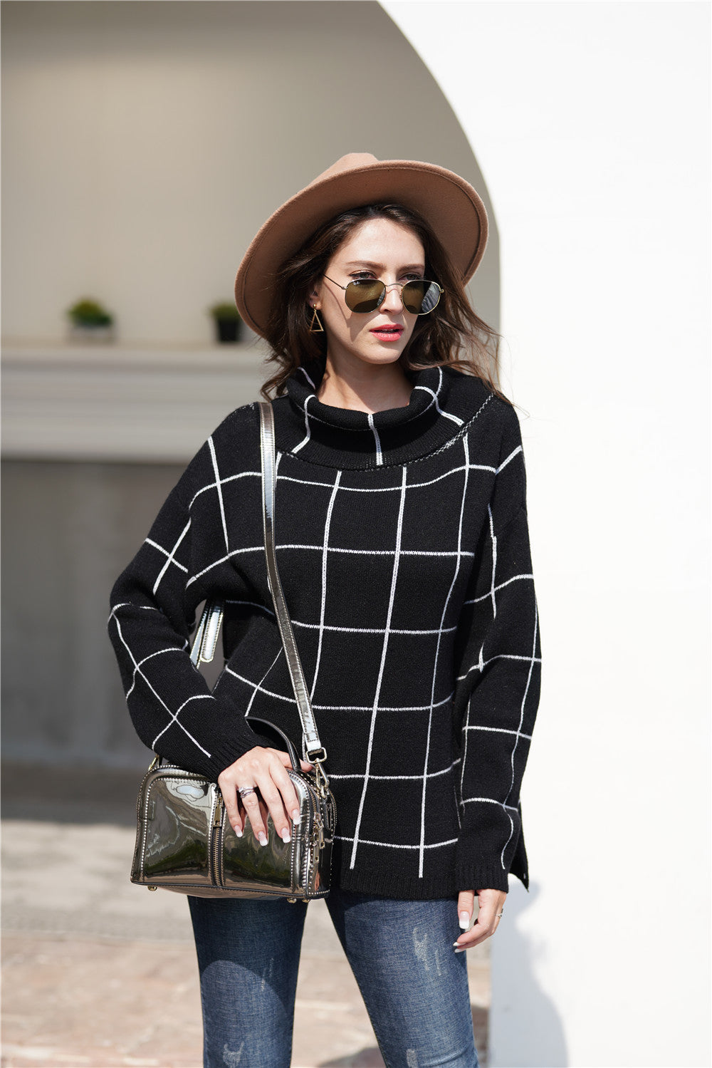 Autumn Winter Turtleneck Pullover Loose Office Office Sweater Plaid Sweater Women