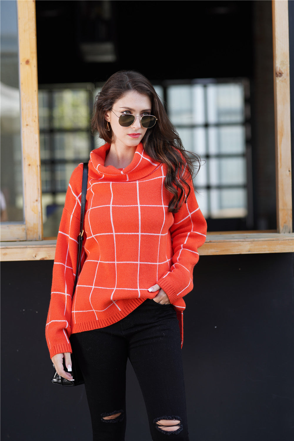 Autumn Winter Turtleneck Pullover Loose Office Office Sweater Plaid Sweater Women