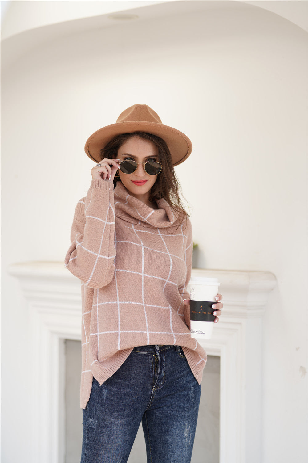 Autumn Winter Turtleneck Pullover Loose Office Office Sweater Plaid Sweater Women