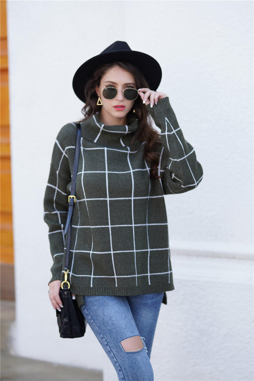 Autumn Winter Turtleneck Pullover Loose Office Office Sweater Plaid Sweater Women