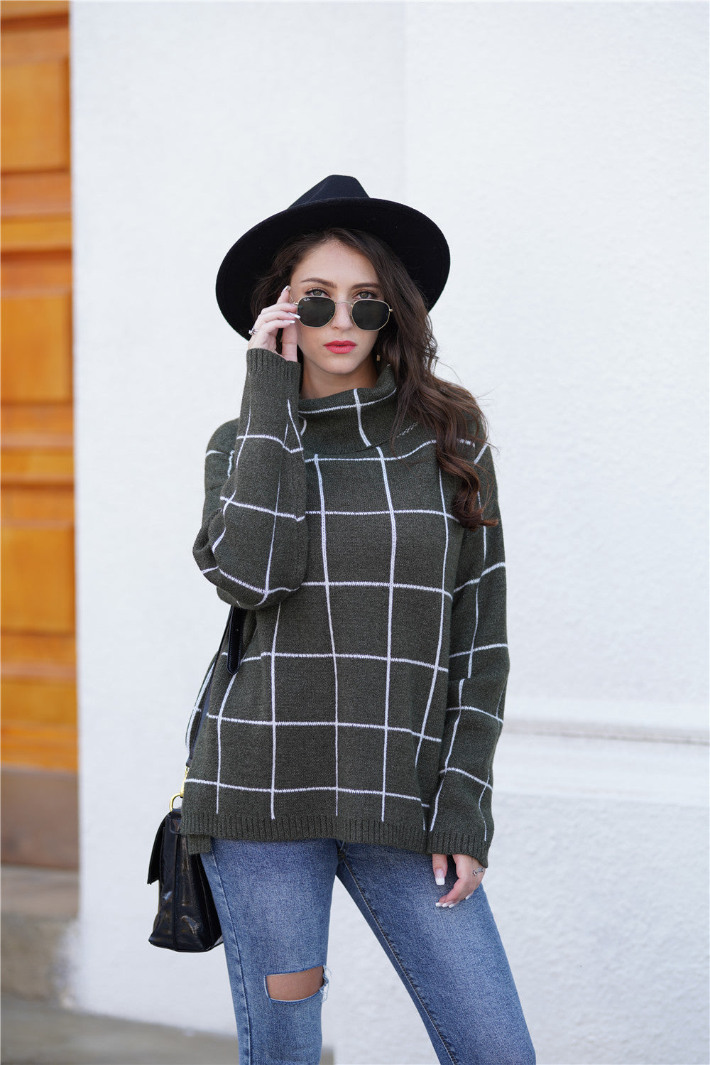 Autumn Winter Turtleneck Pullover Loose Office Office Sweater Plaid Sweater Women