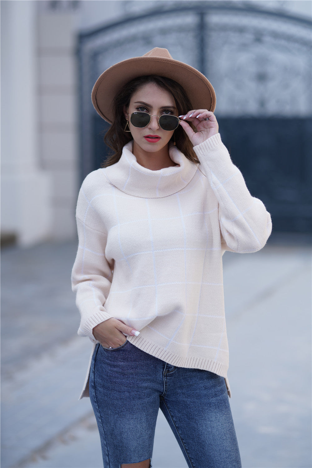 Autumn Winter Turtleneck Pullover Loose Office Office Sweater Plaid Sweater Women