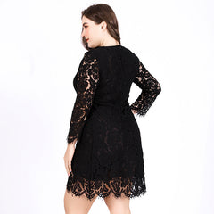 Plus Size Lace Dress Women Round Neck Crocheted Hollow Out Cutout Long Sleeve Sexy Pencil Dress