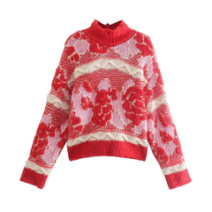 Women High Collar All Match Jacquard Christmas Sweater