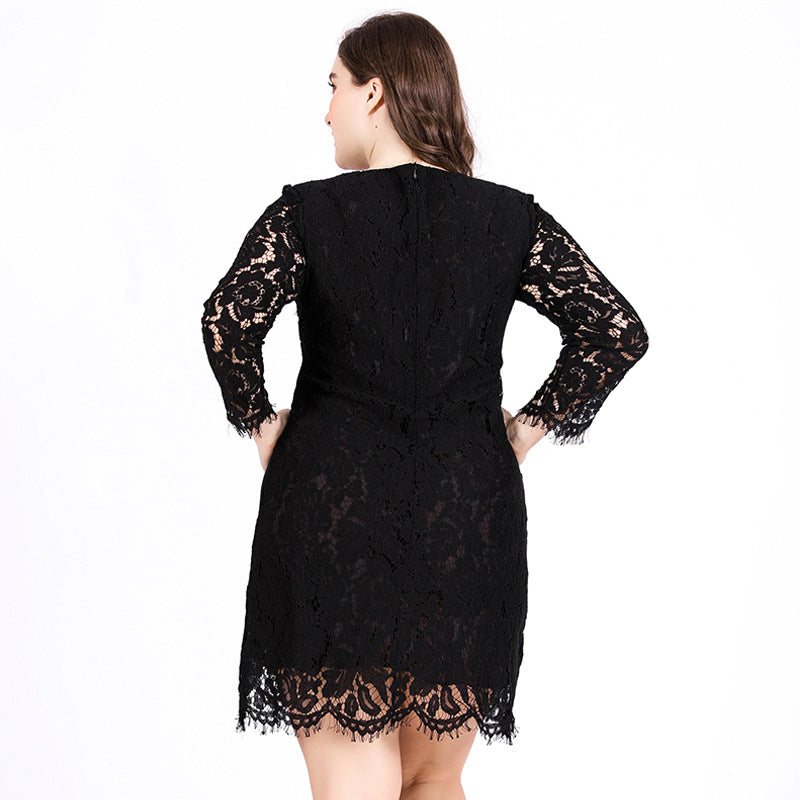 Plus Size Lace Dress Women Round Neck Crocheted Hollow Out Cutout Long Sleeve Sexy Pencil Dress