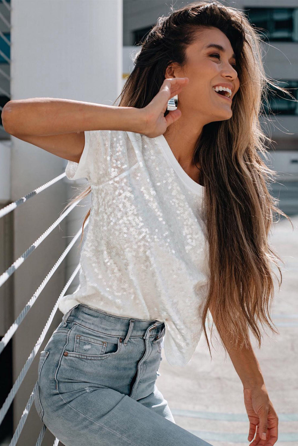 White Sequin Glitter Casual T Shirt