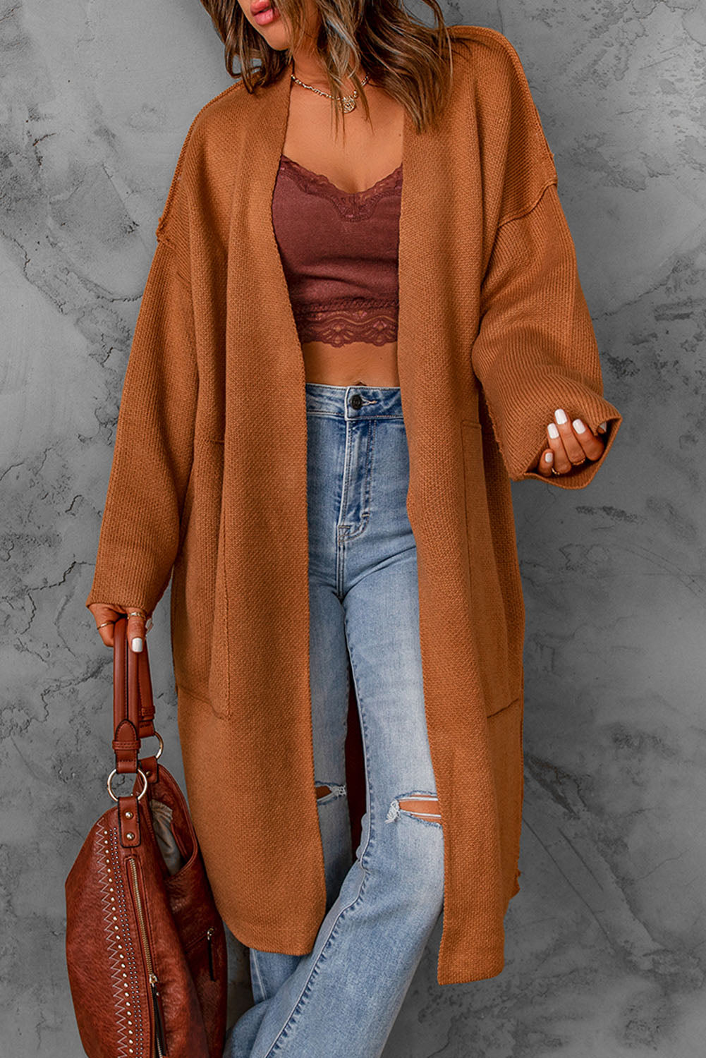 Brown Solid Open Front Drop Sleeves Long Cardigan