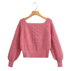 Soft Glutinous Cable Knit Sweater Women Autumn Winter Sweet Idle Design Square Collar Short Sweater