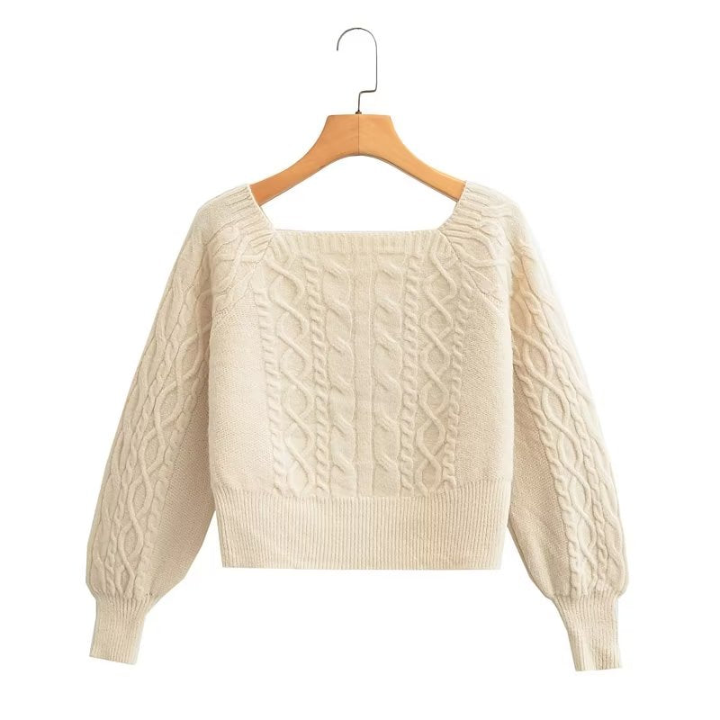 Soft Glutinous Cable Knit Sweater Women Autumn Winter Sweet Idle Design Square Collar Short Sweater