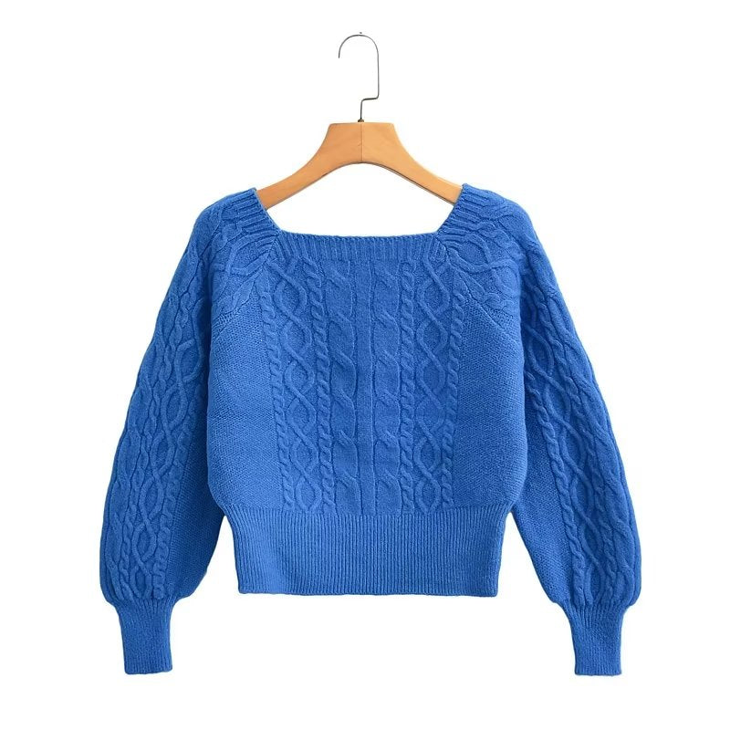 Soft Glutinous Cable Knit Sweater Women Autumn Winter Sweet Idle Design Square Collar Short Sweater