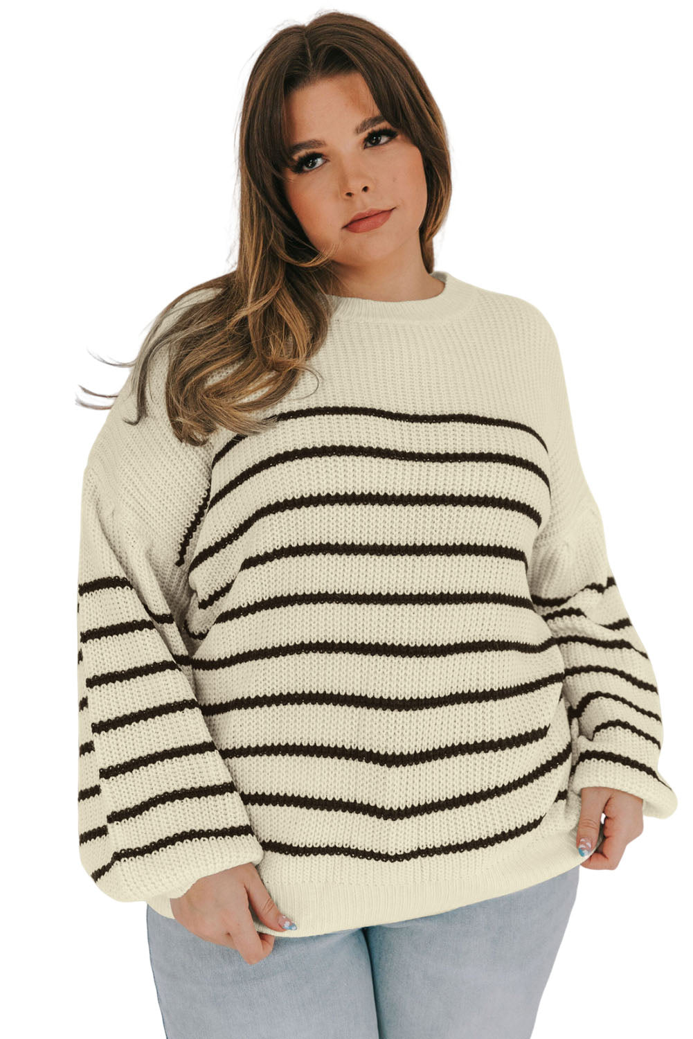 Khaki Plus Size Striped Drop Shoulder Puff Sleeve Sweater