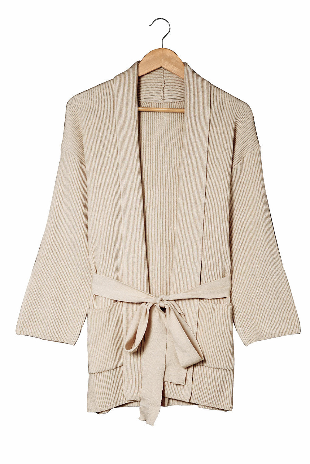 Black Robe Style Rib Knit Pocketed Cardigan with Belt