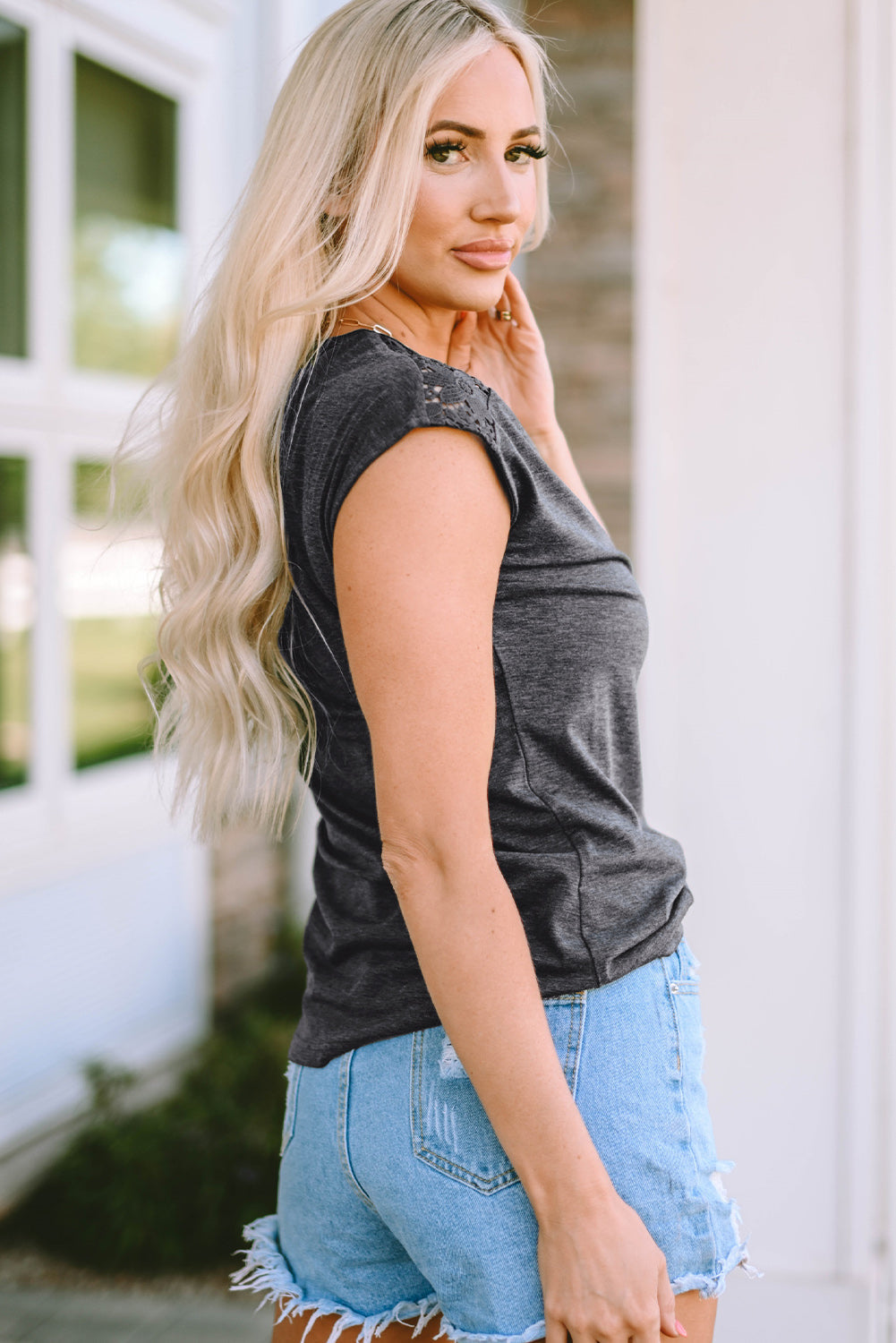 Gray Zip Neck Lace Splicing Tee