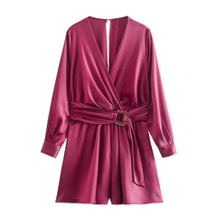 Autumn Winter Women Clothing Buckle Decoration Silk Satin Textured Romper