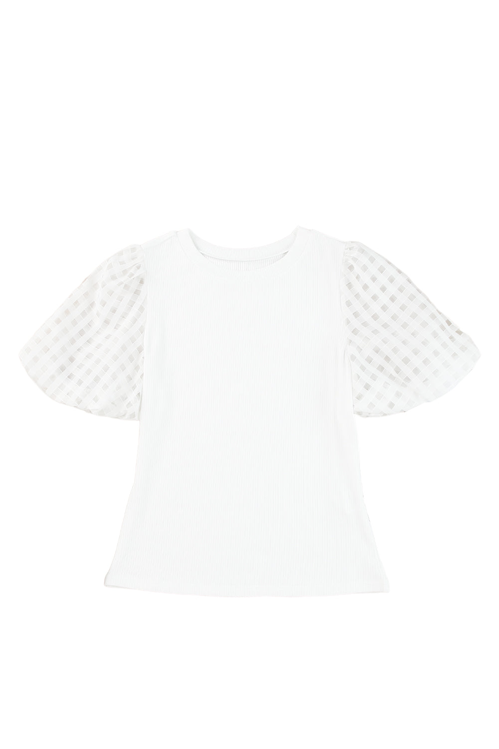 White Checkered Puff Sleeve Ribbed Knit Top