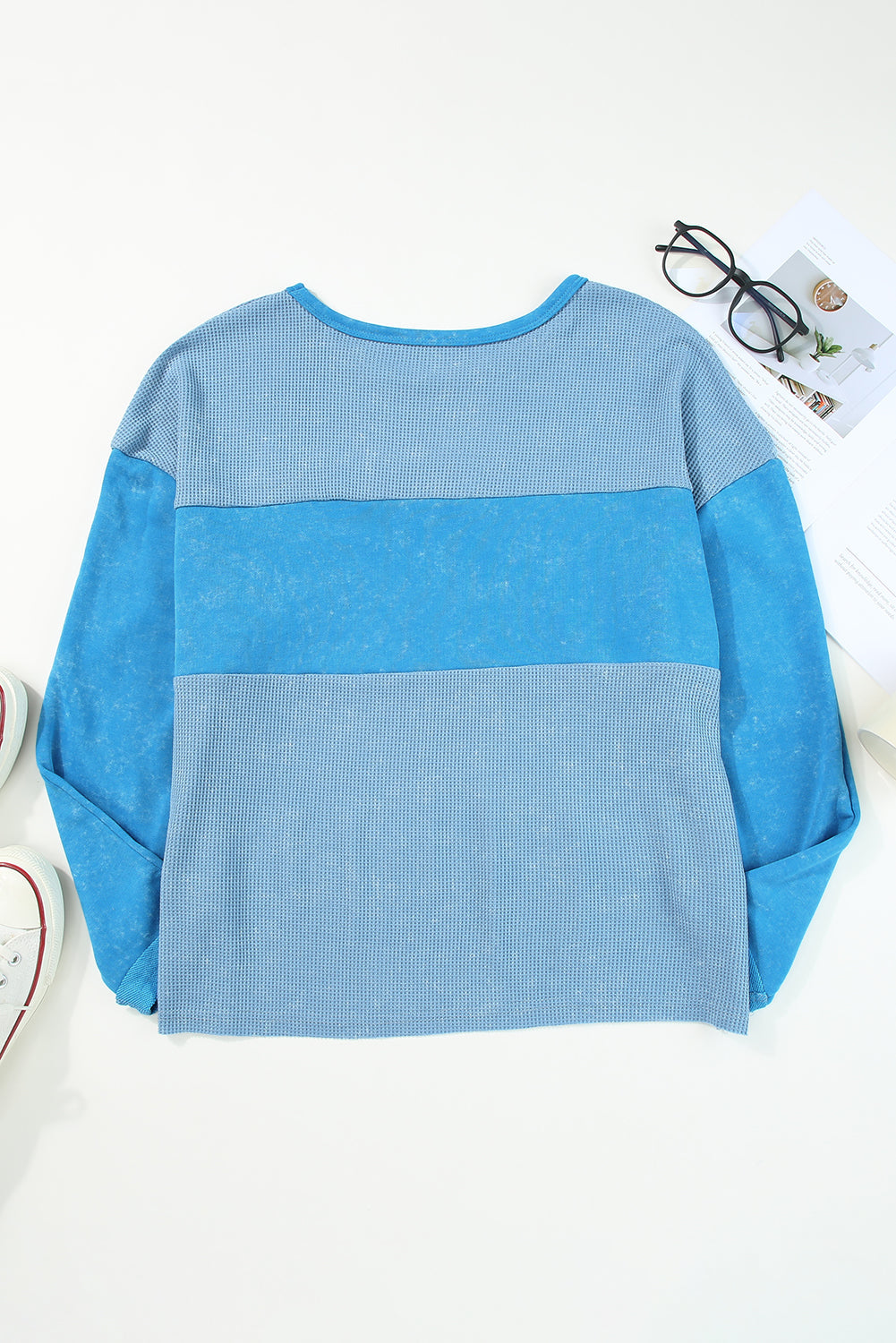 Sky Blue Plus Size Waffle Knit Patchwork Drop Shoulder Top