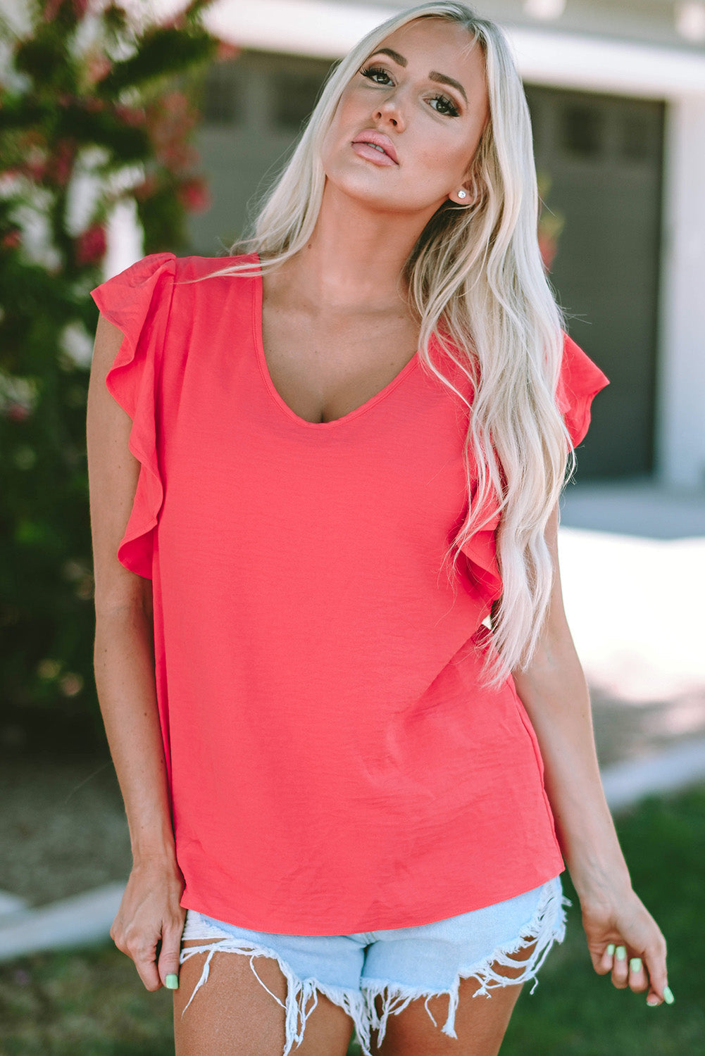 White V Neck Ruffle Sleeve Loose Top