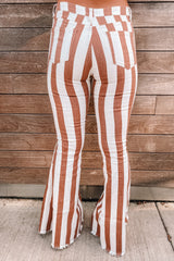 Brown Striped Fringe Bell Bottom Denim Pants