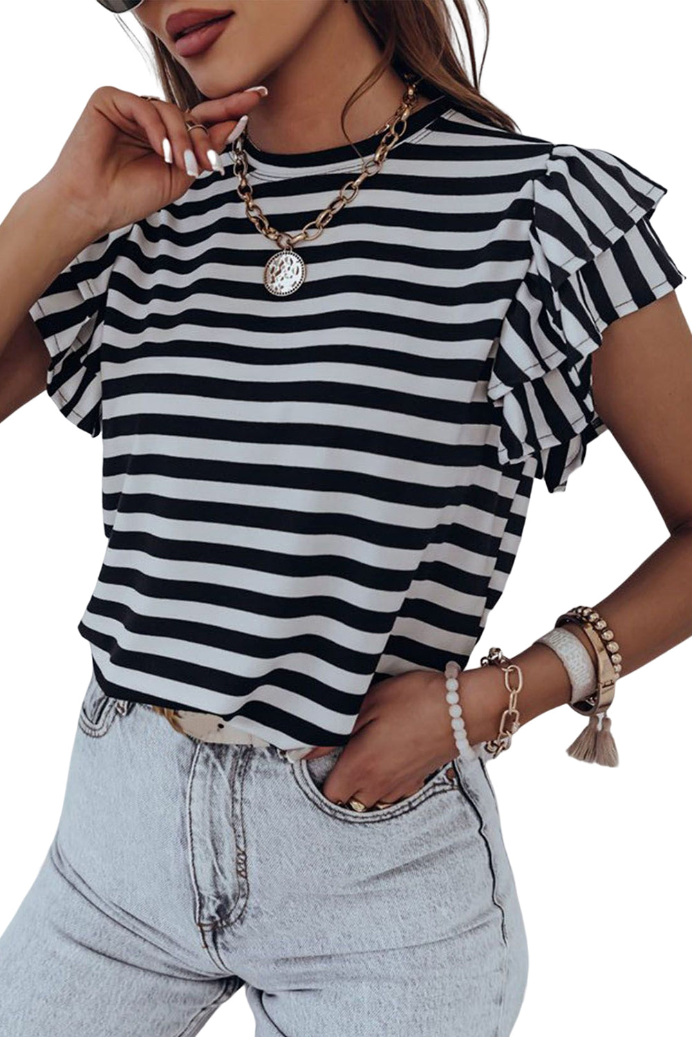 White Stripe Print Tiered Ruffled Sleeve Tee