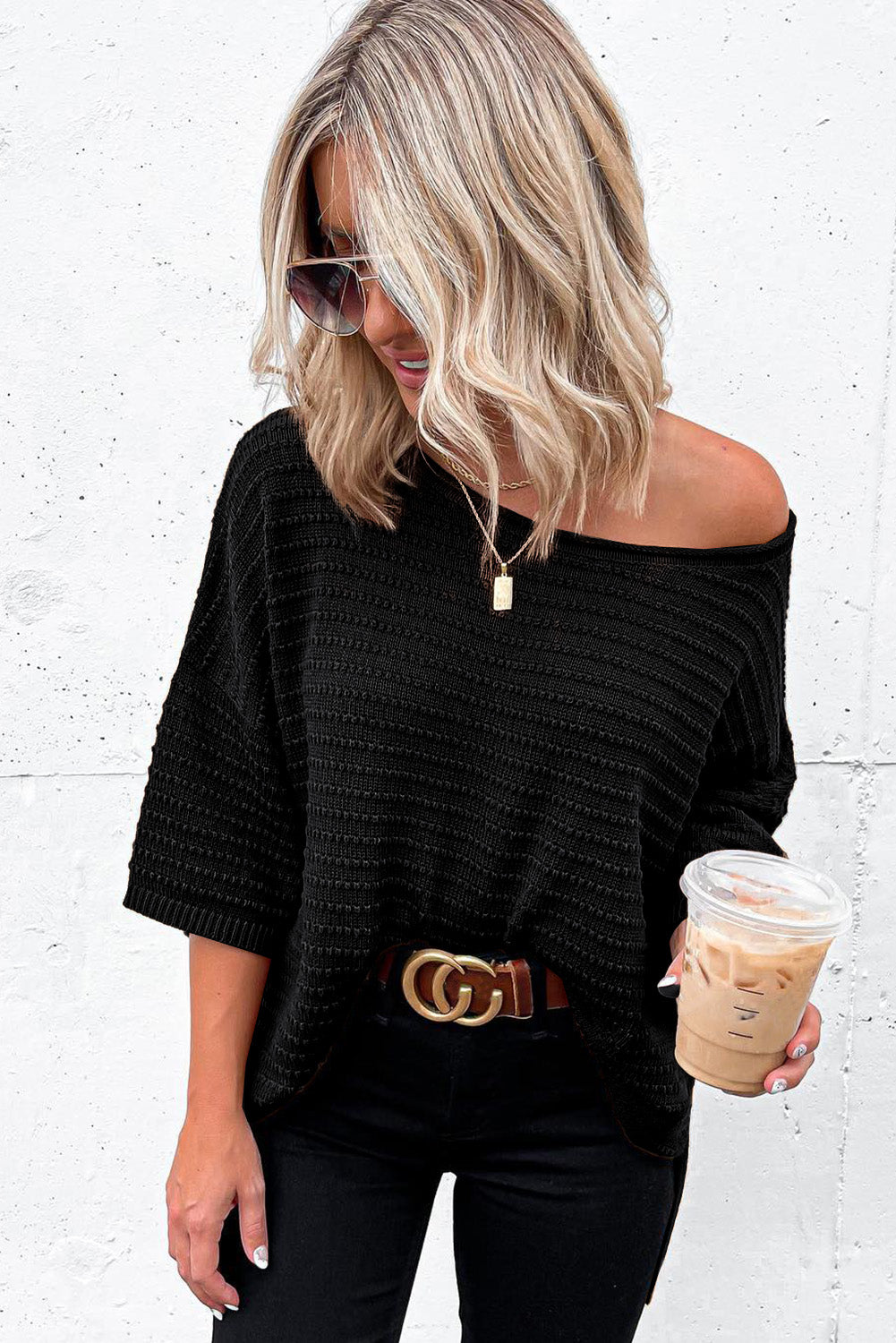 Apricot Textured Knit Drop Shoulder Tee