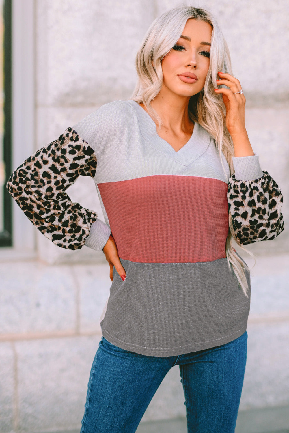 Red Wild Leopard Contrast Sleeve Colorblock Waffle Knit Top