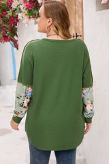 Green Plus Size Floral Patchwork Henley Top