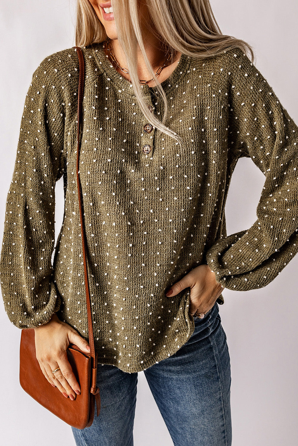 Apricot Swiss Dot Raglan Sleeves Knit Top