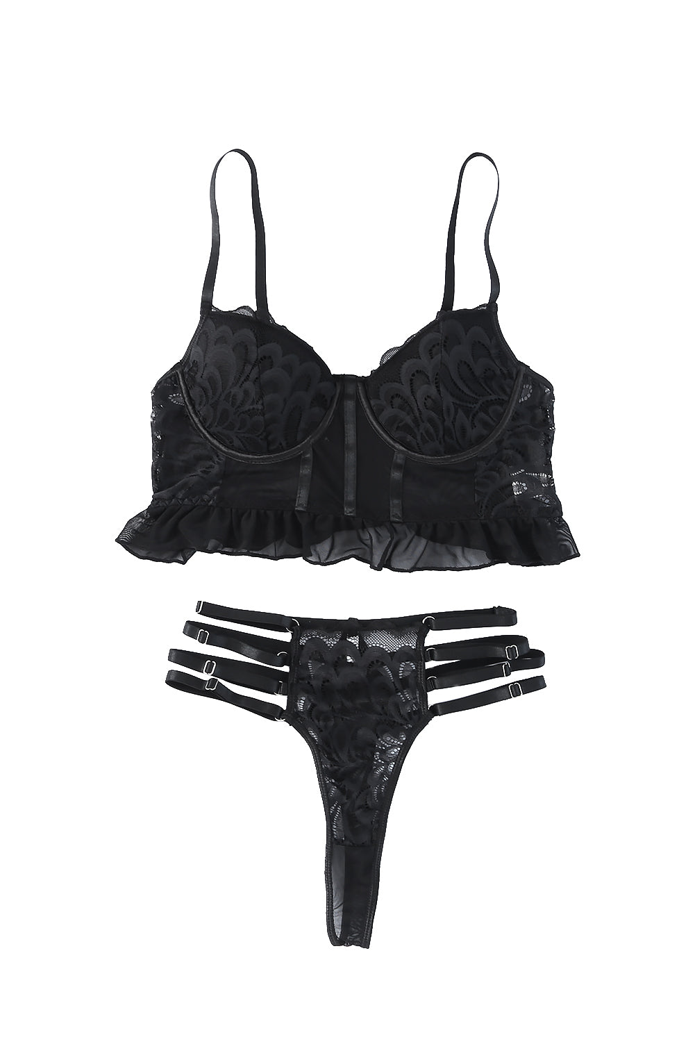 Black Lace Peplum Bustier and Strappy Pantie Set