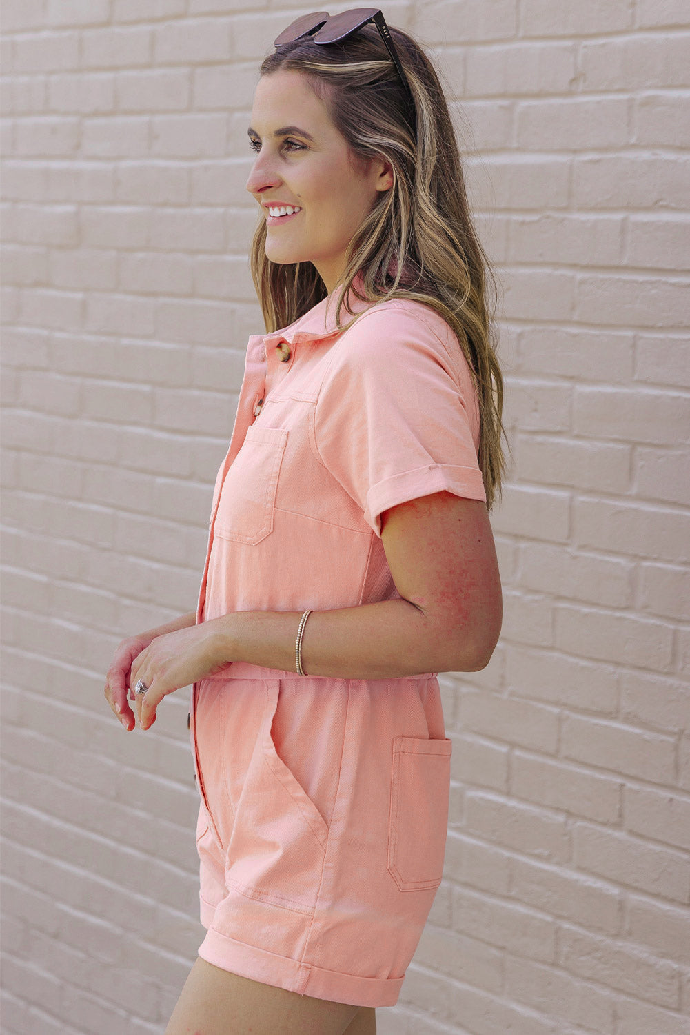 Pink Pocketed Button Down Denim Romper