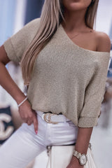 Khaki Short Sleeve Knitted Sweater Top