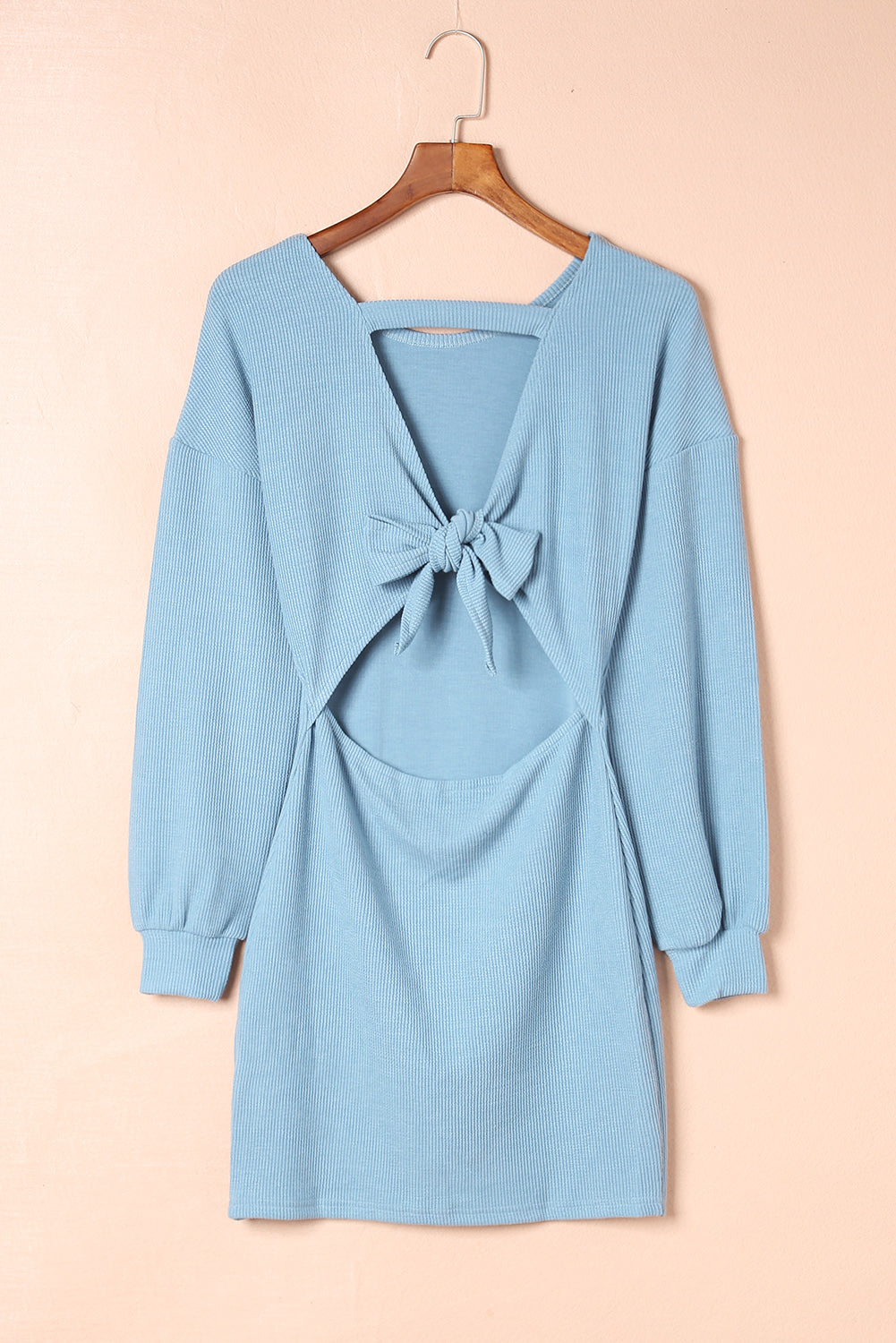 Sky Blue Open Back Tie Long Sleeve Bodycon Dress Blue