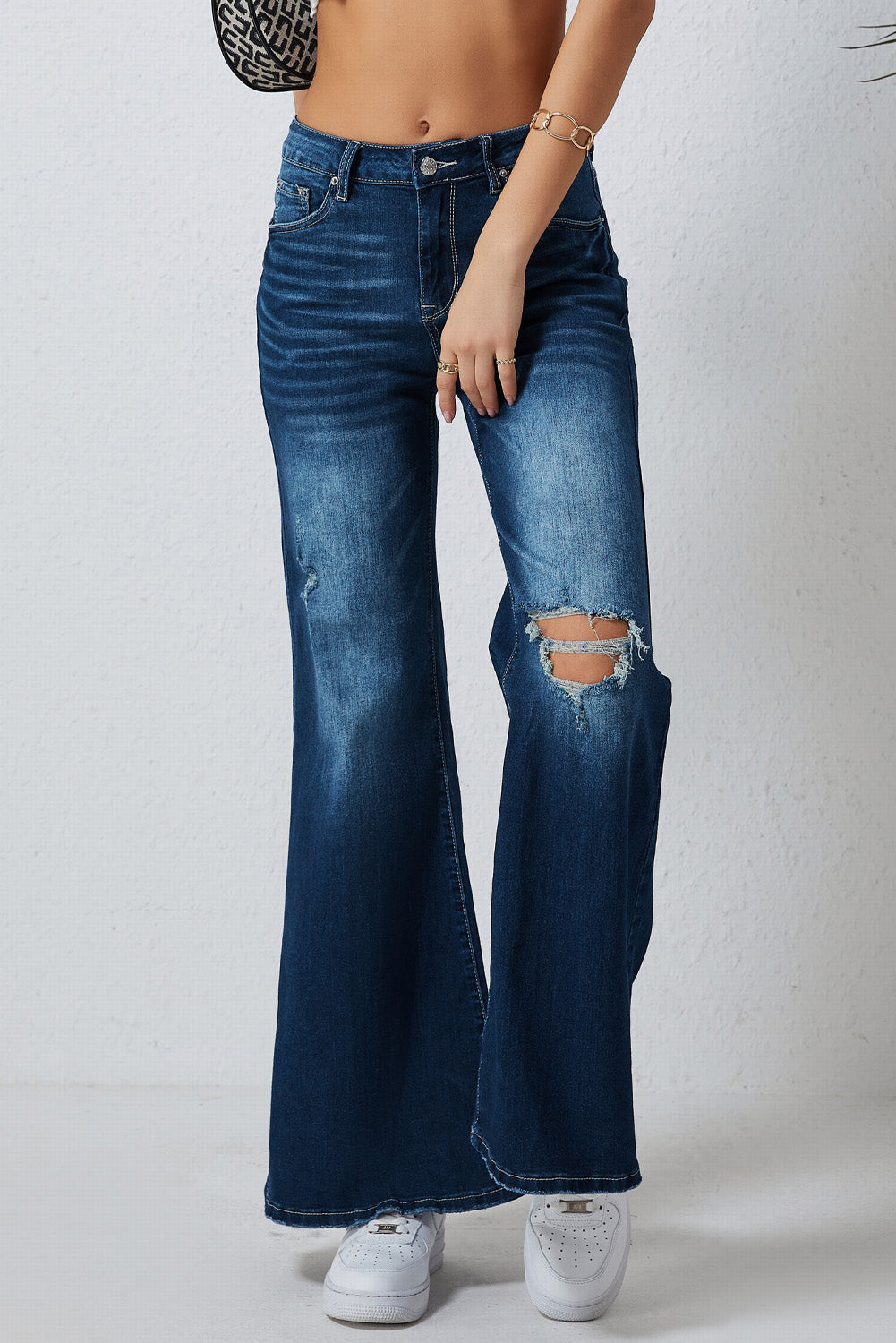 Blue Asymmetric Open Knee Distressed Flare Jeans