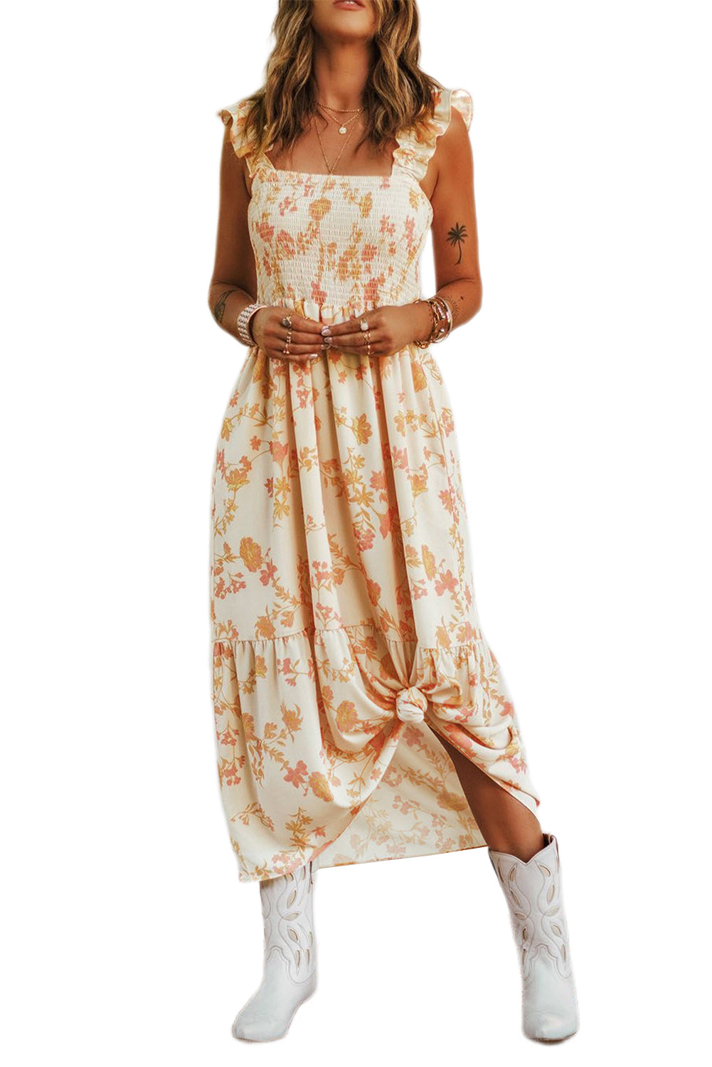 White Ruffle Shoulder Straps Smocked Bodice Printed Dress