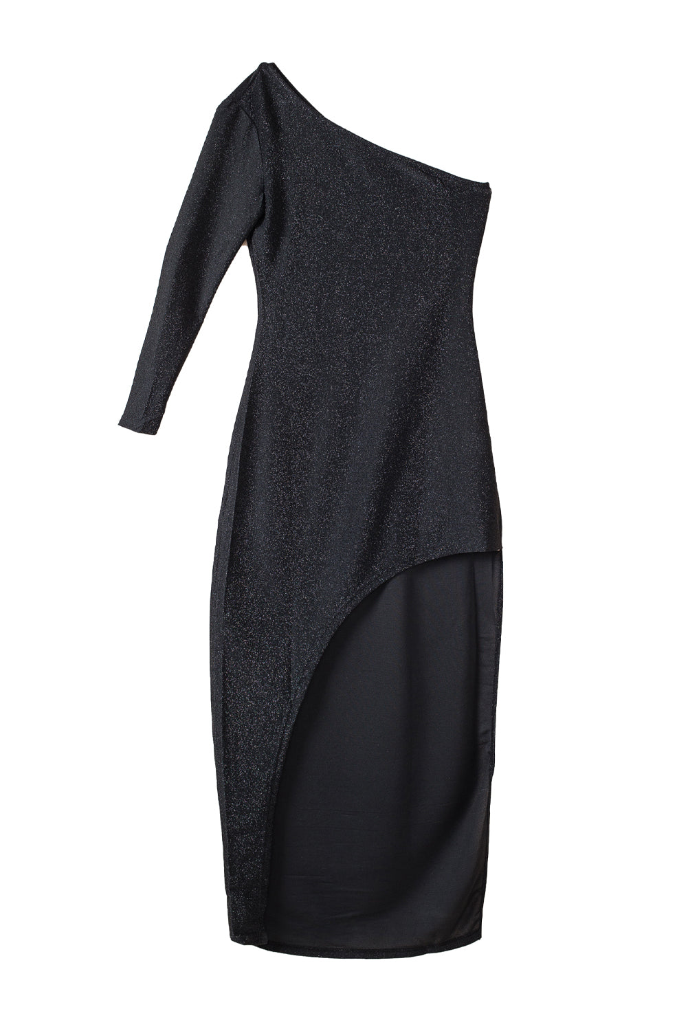 Black One-shoulder Glitter Metallic Asymmetric Long Dress