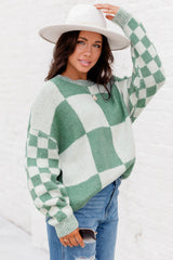 Mint Green Checkered Print Drop Shoulder Sweater