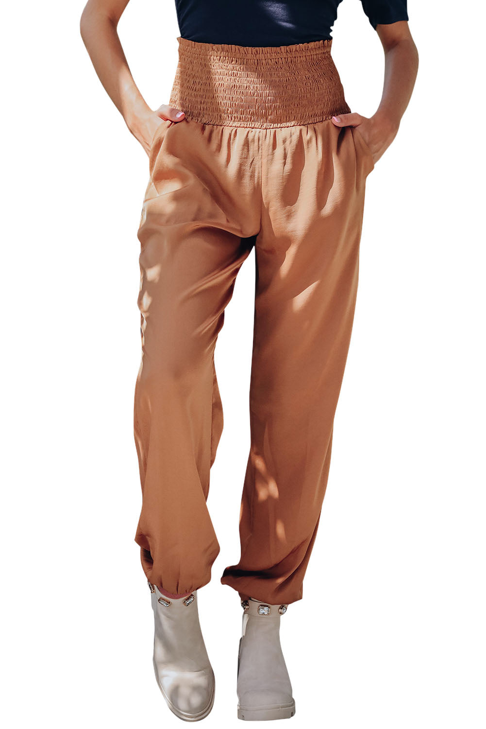 Brown High Smocked Waist Joggers