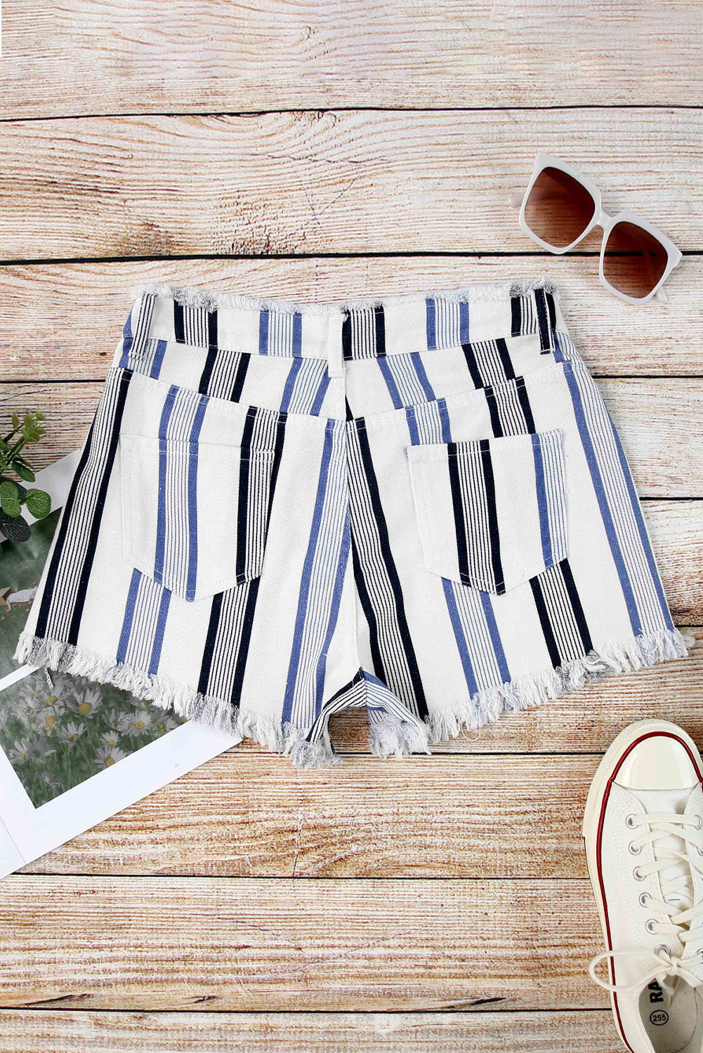 Stripe Raw Hem Distressed Denim Shorts