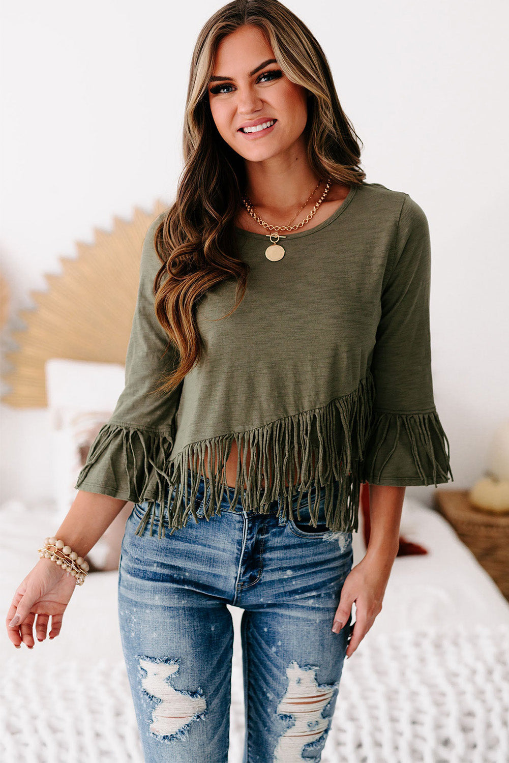 Green Cross-over Fringe Crop Top