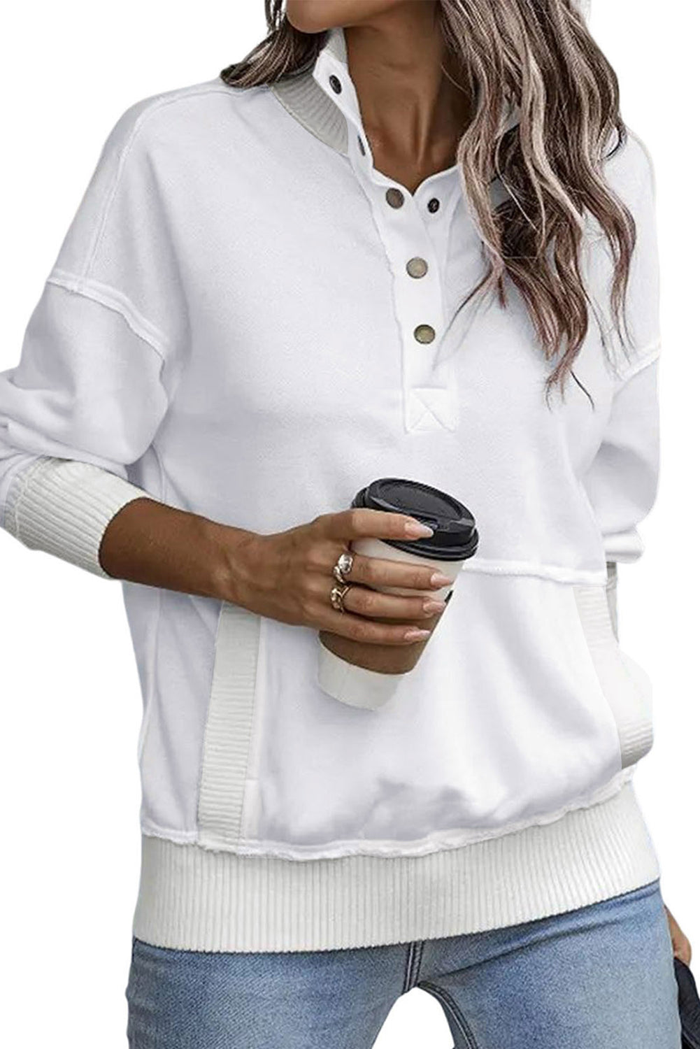 White Ribbed Hem Snap Button Neckline Sweatshirt with Pocket