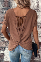 Brown Lace-up Open Back Waffle Knit Short Sleeve T Shirt