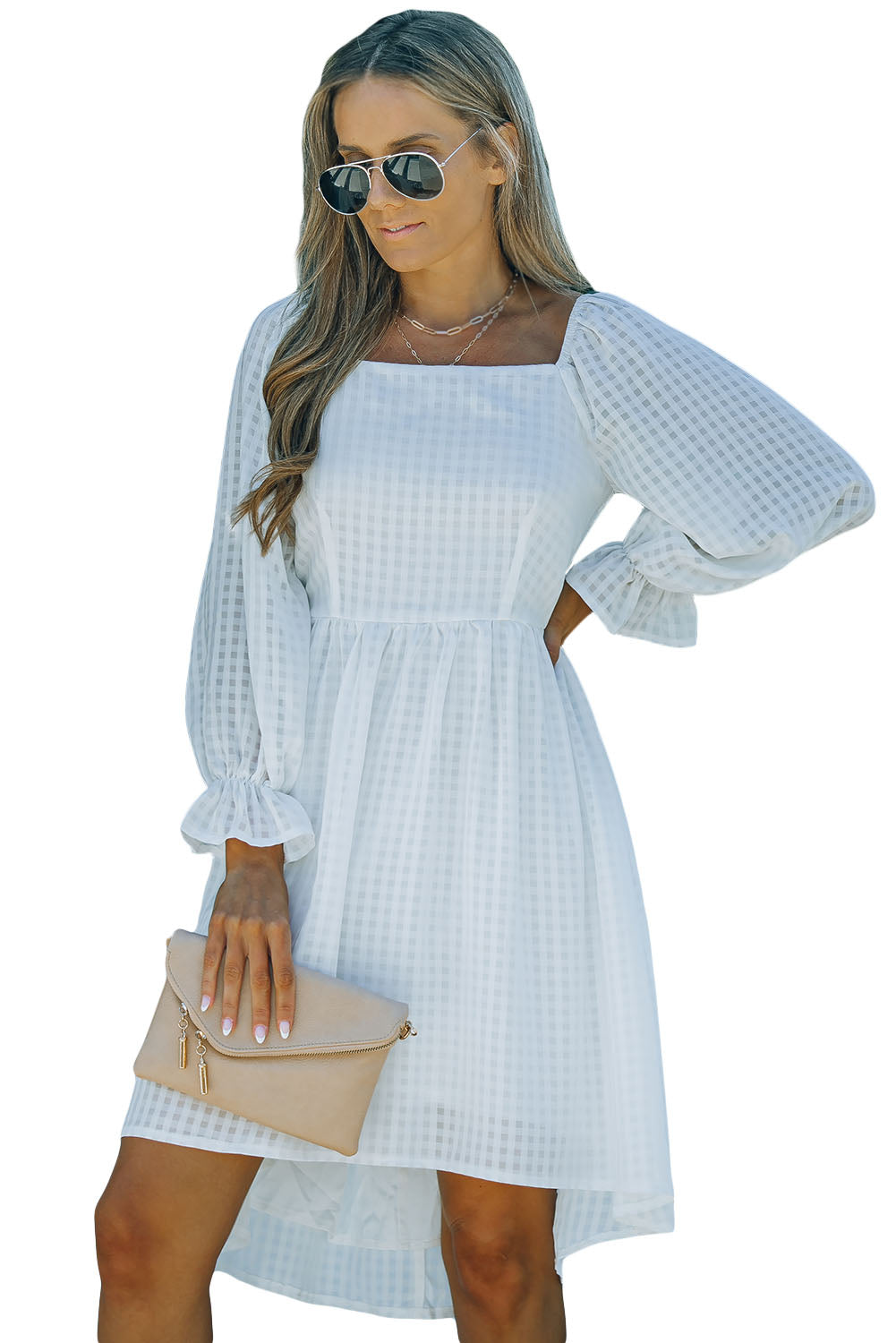 White Square Neck Smocked Back A-line Dress