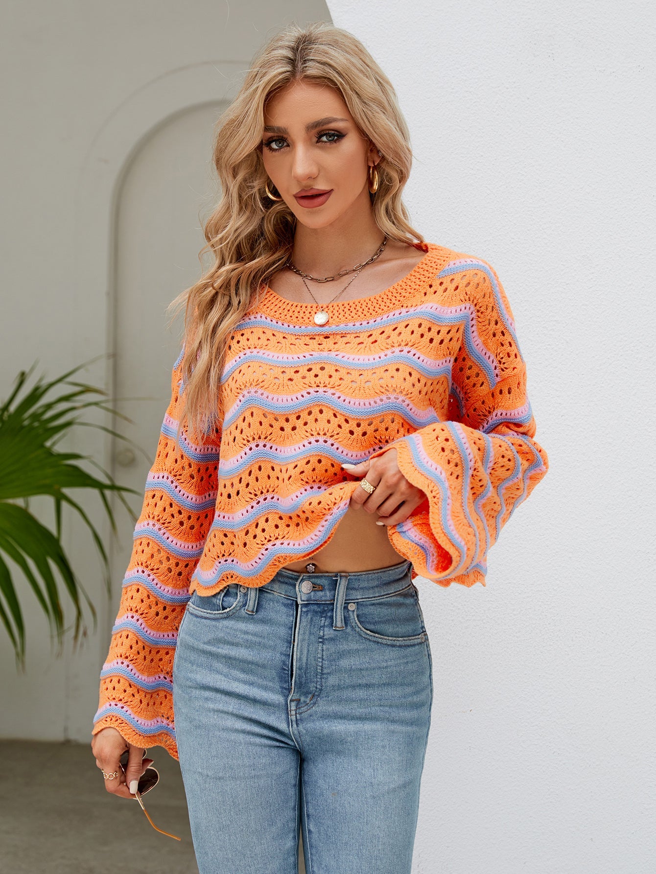 Autumn Winter Women Clothing Long Sleeve Round Neck Knitted Striped Sweater Women