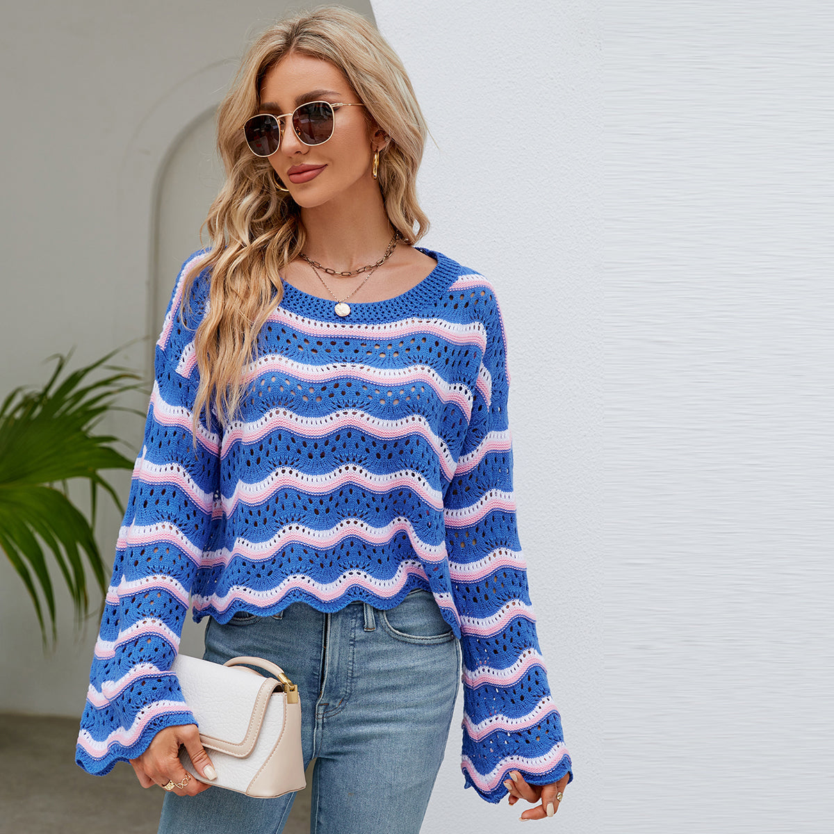 Autumn Winter Women Clothing Long Sleeve Round Neck Knitted Striped Sweater Women