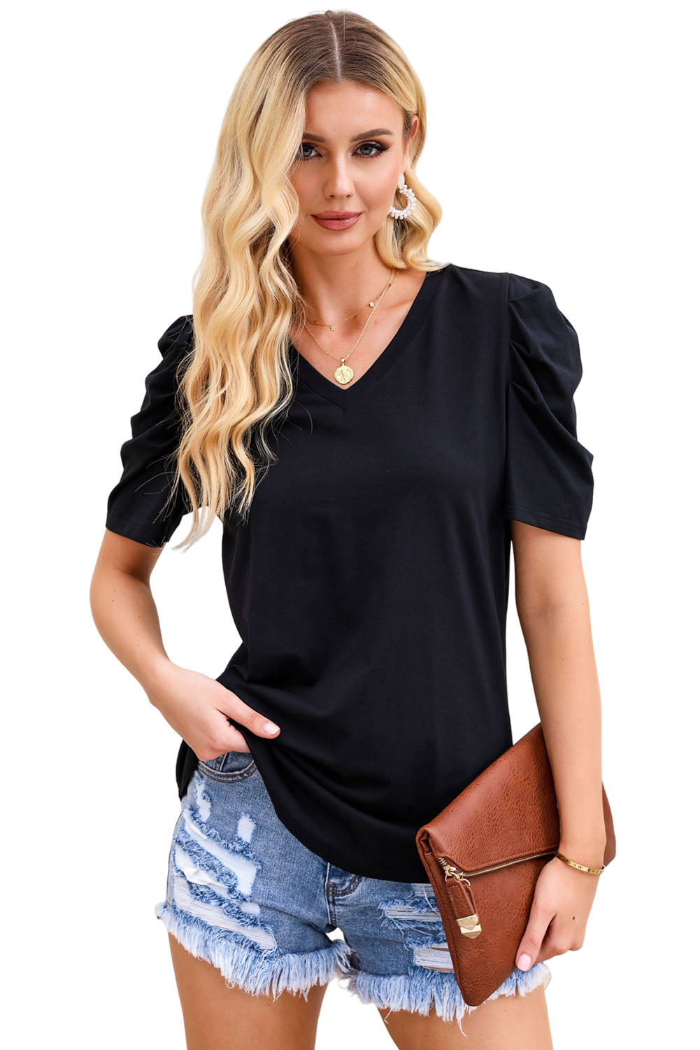 Black Puff Sleeve V-Neck T-Shirt