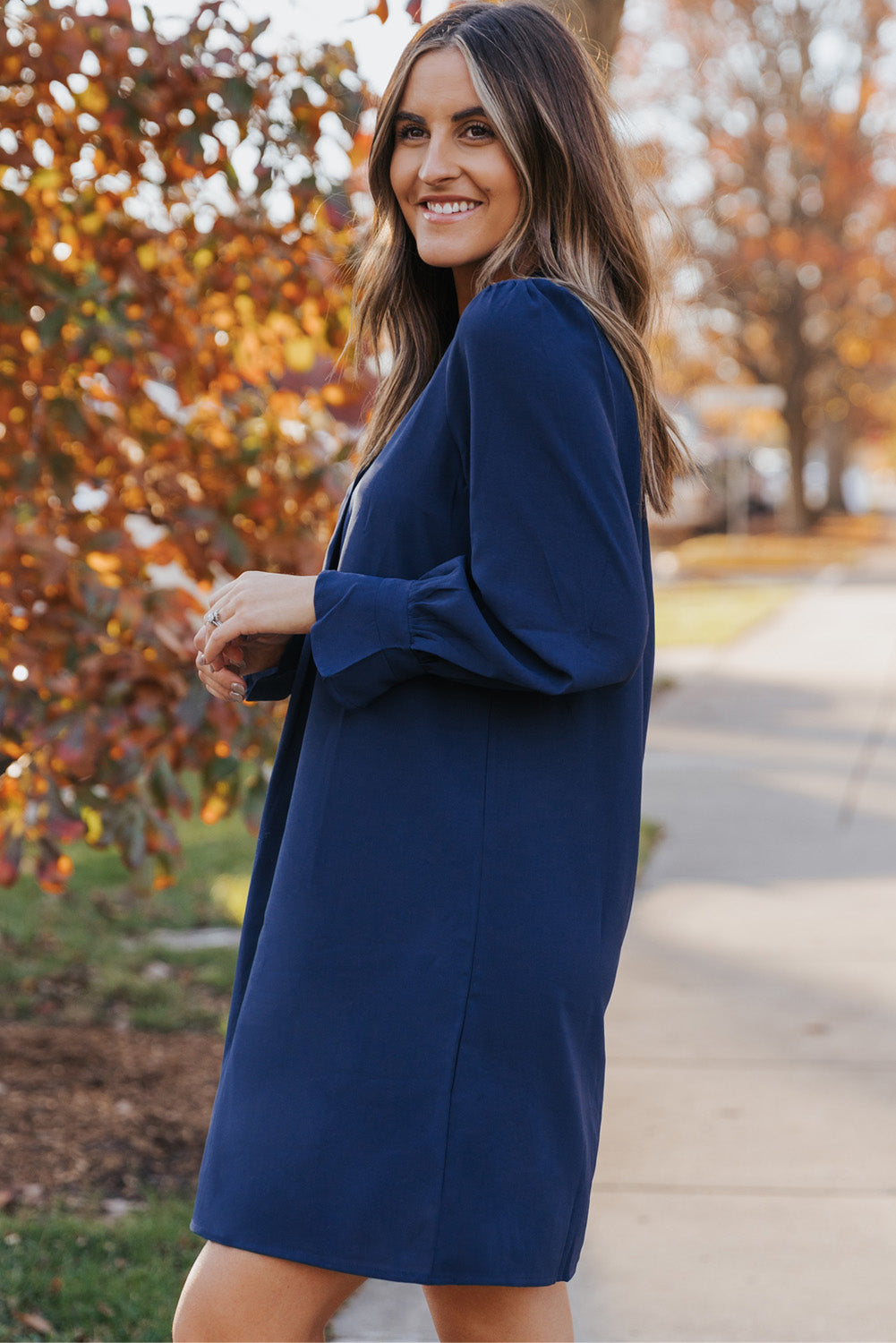 Black Split V Neck Ruffled Sleeves Shirt Dress