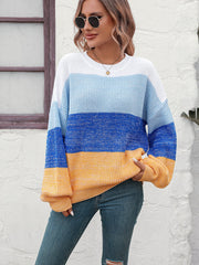 Autumn Winter Color Block Crew Neck Knitwear Women Sweater Women