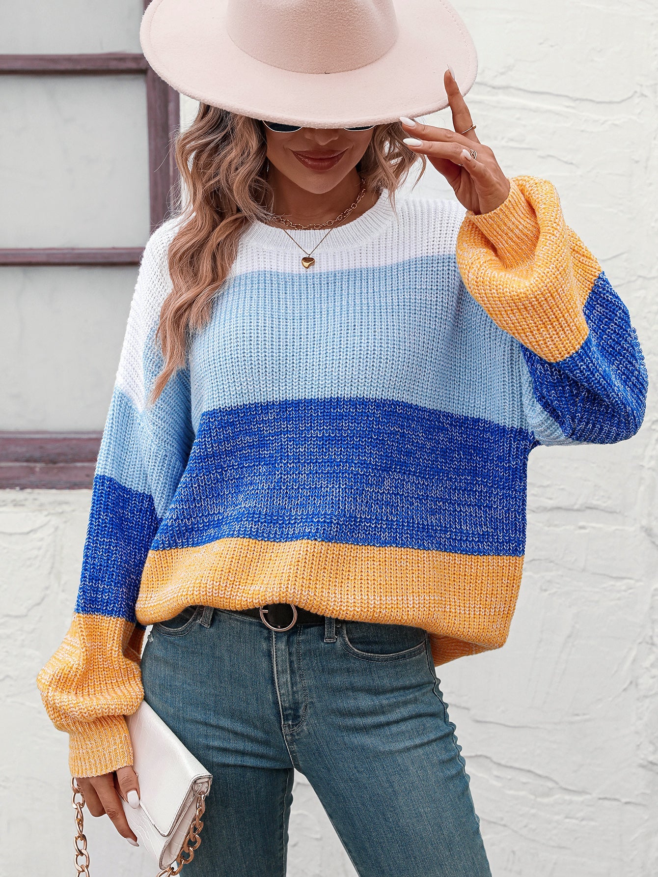 Autumn Winter Color Block Crew Neck Knitwear Women Sweater Women