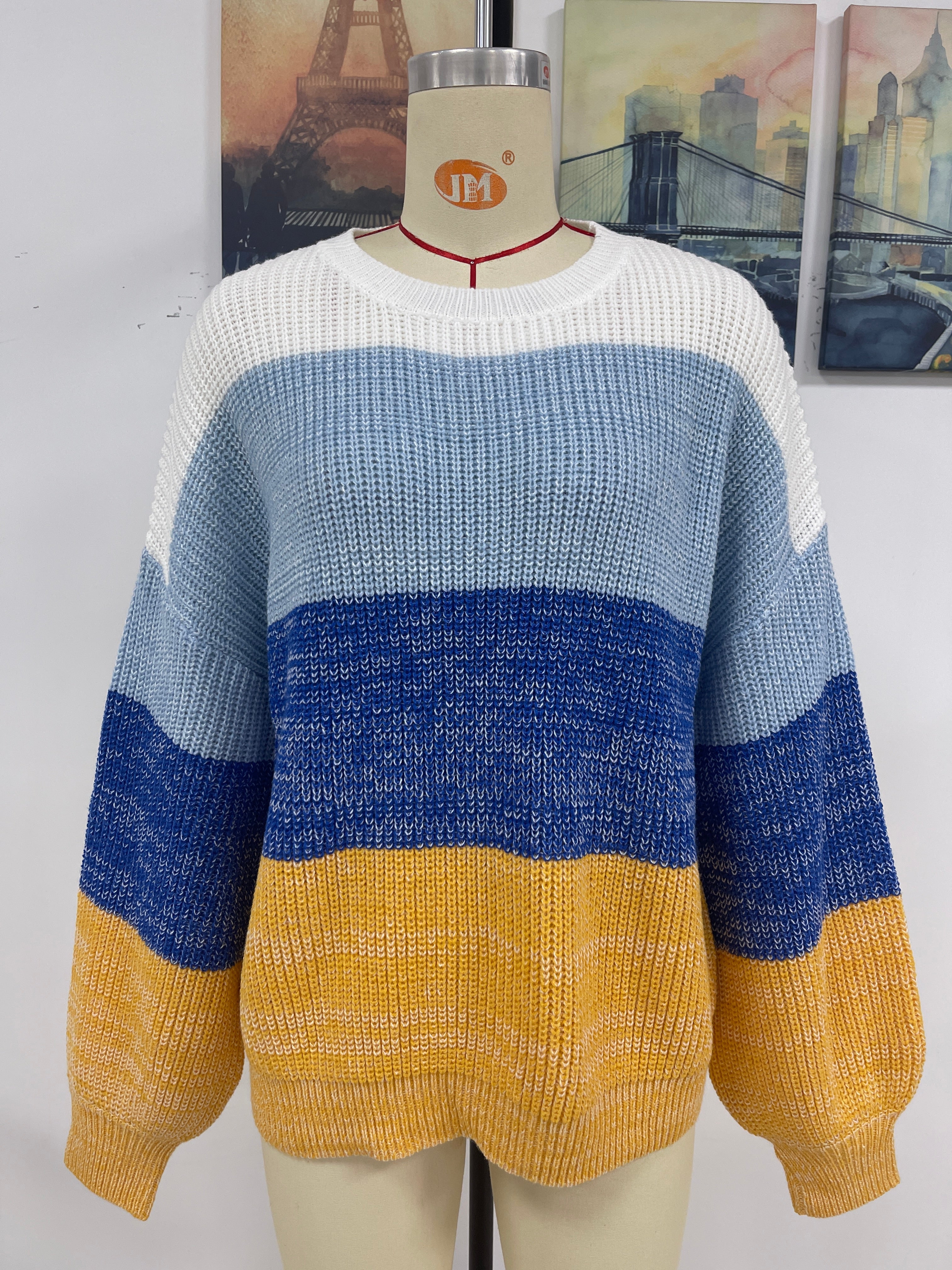 Autumn Winter Color Block Crew Neck Knitwear Women Sweater Women