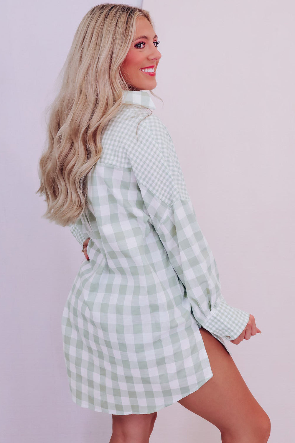 Pink Mix Checked Patchwork Long Sleeve Shirt